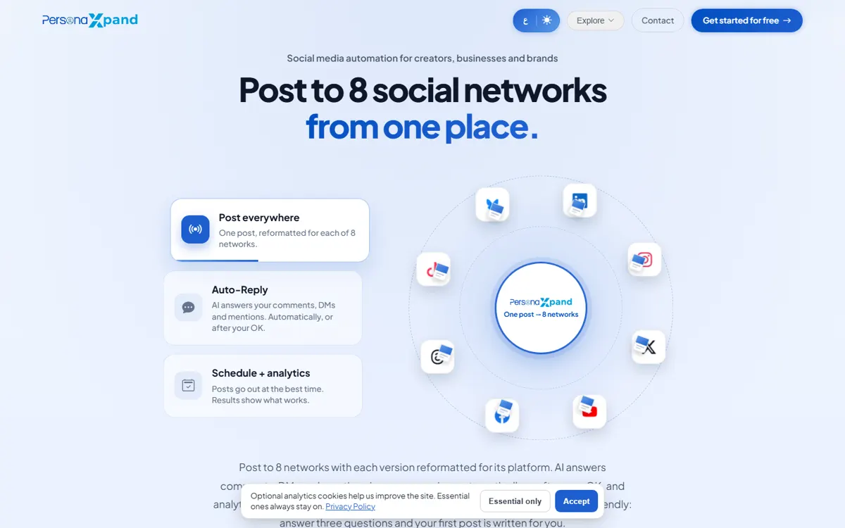 PersonaXpand homepage: post to 8 social networks from one place